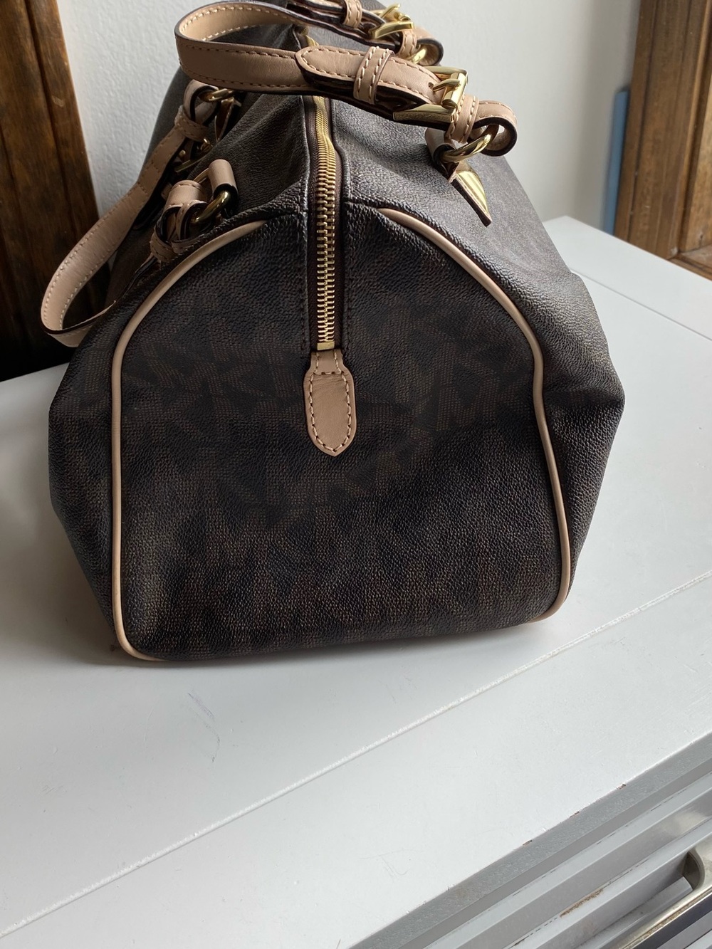 Michael Kors Grayson satchel bag in chocolate and cream leather - Picture 4 of 10